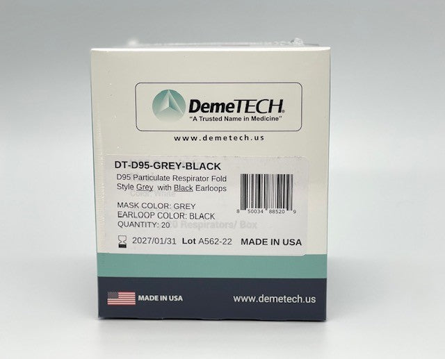 DemeMASK-D95 Grey Respirator Fold Style with Black Ear Loops-MADE IN USA-20 per box