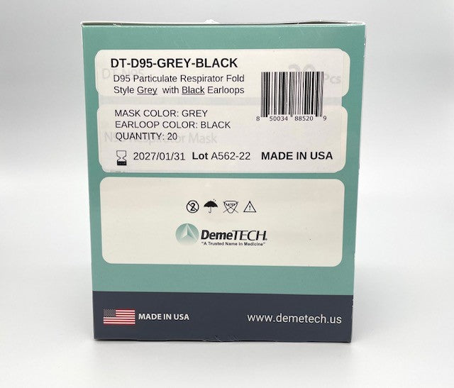 DemeMASK-D95 Grey Respirator Fold Style with Black Ear Loops-MADE IN USA-20 per box